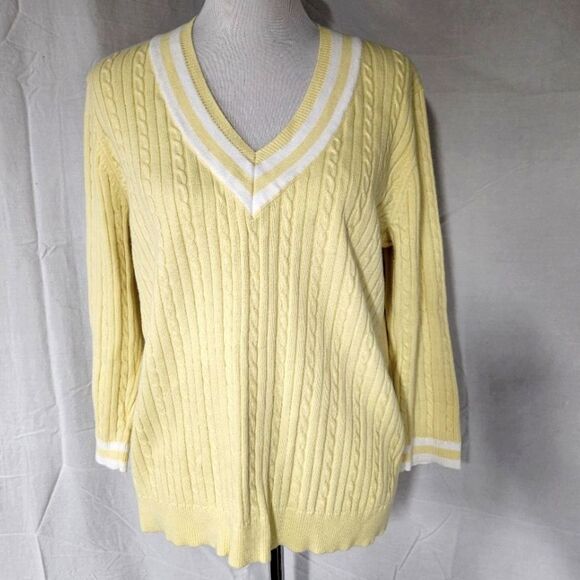 Chaps Classics Vintage Yellow Cotton V-neck Preppy 3/4 Sleeves Pullover Sweater - Picture 1 of 9
